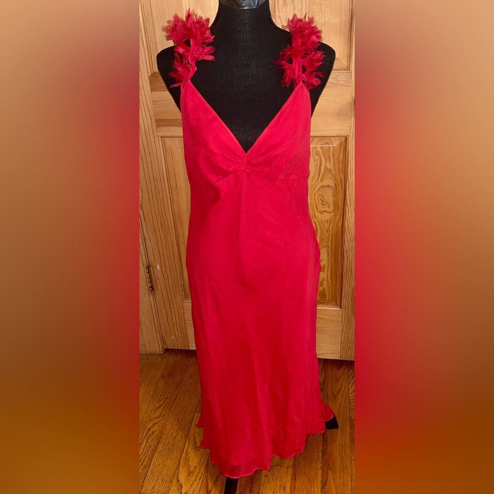 BCBG Max Azria 100% Silk Red Feather Shoulder Slip Dress Size 12 Runway Vintage
